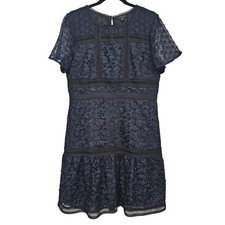 Ann Taylor Navy Blue Tiered Sheath Dress Lace Overylay Cocktail Party Size 12