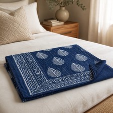 Handmade Kantha Quilt Block Print Bedspread Cotton Blue Indigo Bedcover