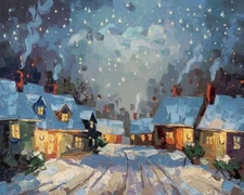 Quaint Snowy Village at Dusk | Serene Winter Scene Impressionist Art Museum Art