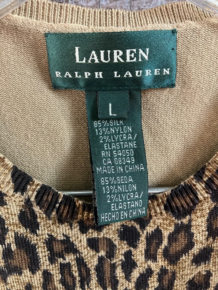 Suéter sin mangas Ralph Lauren para mujer estampado de leopardo mezcla de seda L dinero antiguo Foto 2 de 4