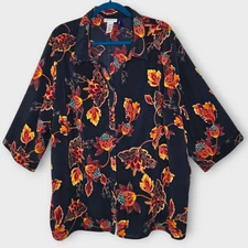 Catherines Button Up Top Size 3XWP Black Orange Dark Floral 3/4 Sleeve Office