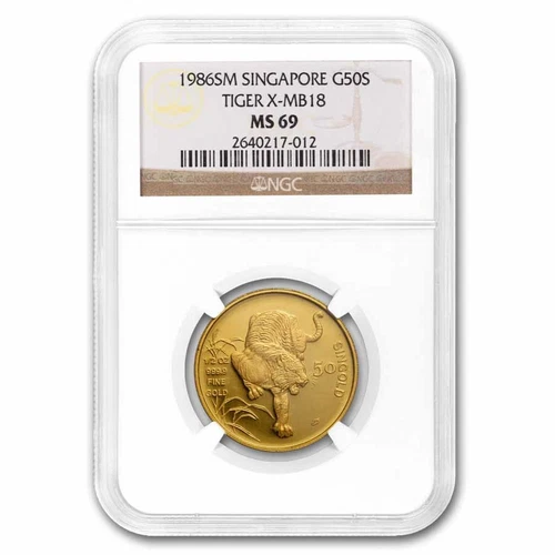 1986 Singapore 1/2 oz Gold 50 Singold Tiger MS-69 NGC