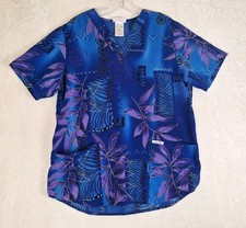 Cherokee Womens M Scrub Top Royal Vibrant Blue Tropical Floral Cinched 2700
