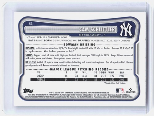 2026 Bowman #53 Cam Schlittler Mojo Refractor New York Yankees - Afbeelding 2 van 2