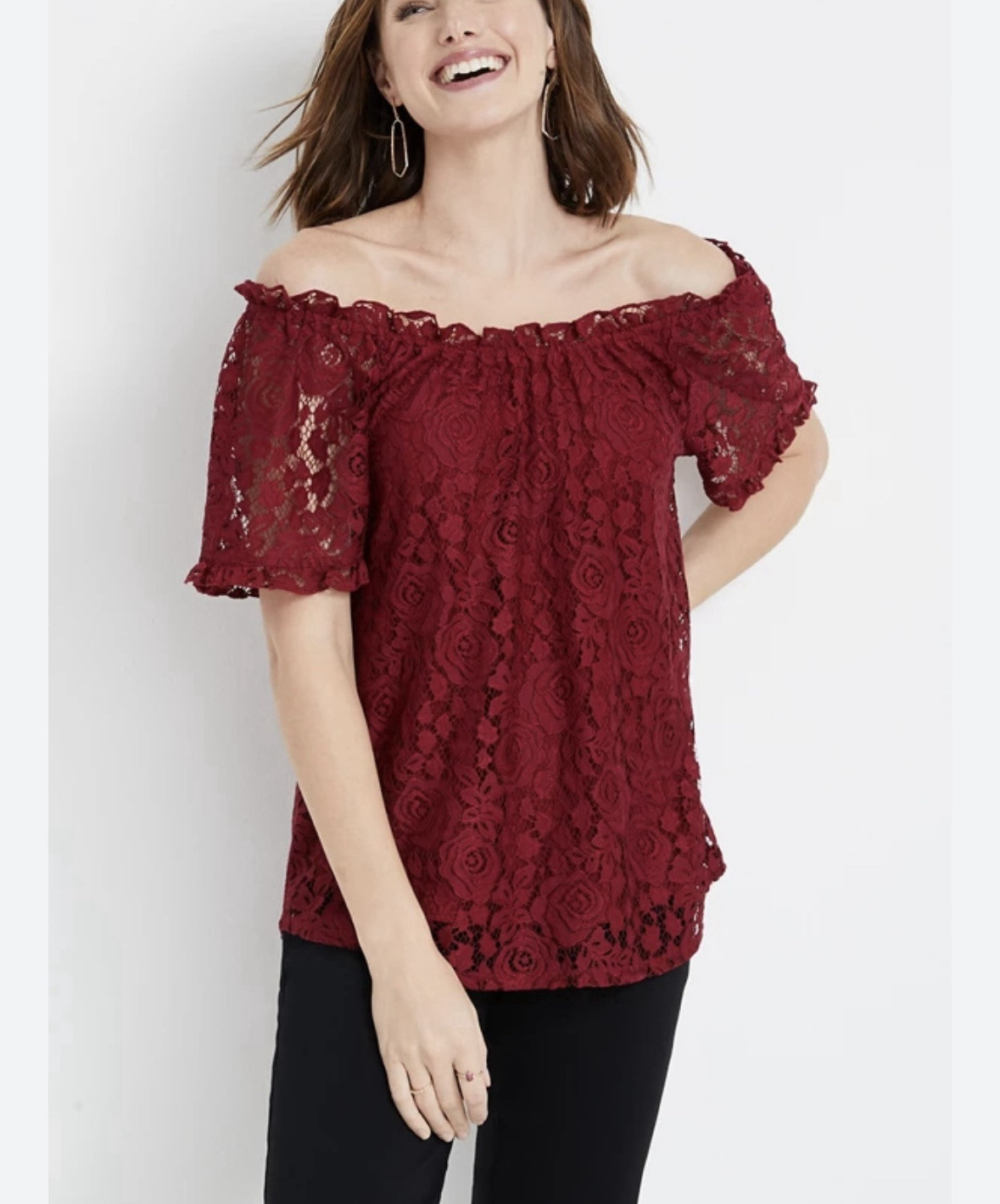 Maurice Floral Lace Off Shoulder Blouse Short Puff Sleeve Babydoll Boho Maroon L