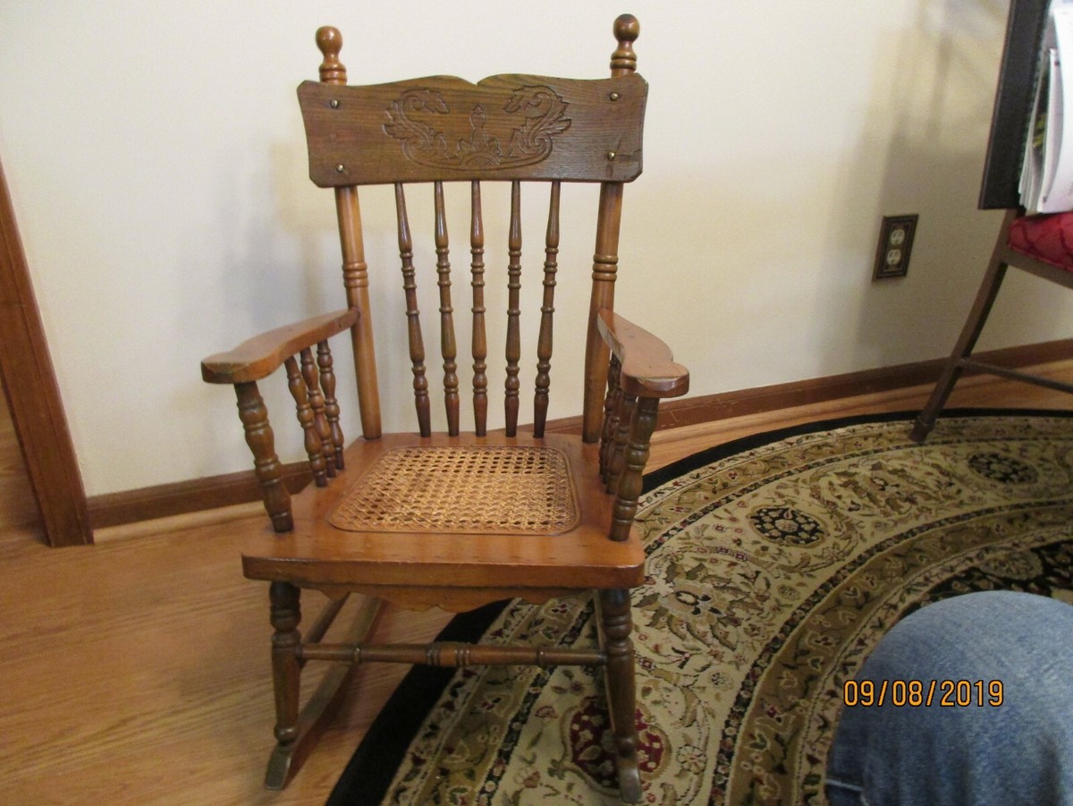 Vintage Antique Wood Child's Rocking Chair With Cane Seat-Turned