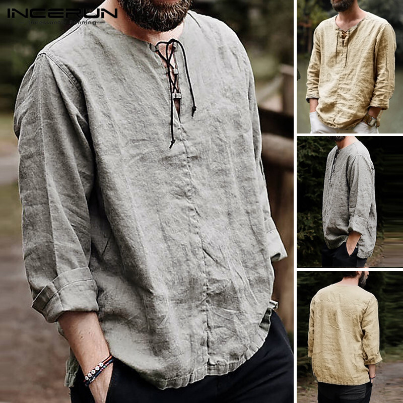 Vintage Men Long Sleeve Linen Shirt V-Neck Lace Up Shirt