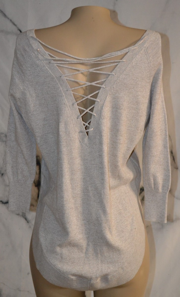 EXPRESS Gray Lightweight VNeck Knit Top XS Laced Back Ribbed