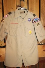 Boy Scouts Youth Shirt Tan Vented Poly Microfiber Large Sewn on patches