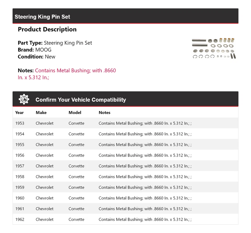 Juego de pasadores de dirección para Chevrolet Corvette 1953-1962 MOOG 1953 1954 1955 1956 Foto 2 de 4