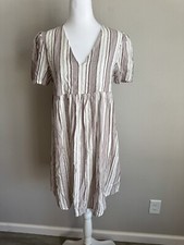 MNG Red Cream Striped V-Neck Mini Babydoll Shirt Dress Women 4 Boho Cottagecore	
