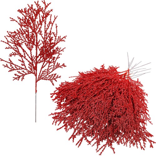 Winlyn 15 Stck. rot glitzernde Zedernsprays Weihnachten Blumen Plektren künstliches Ce
