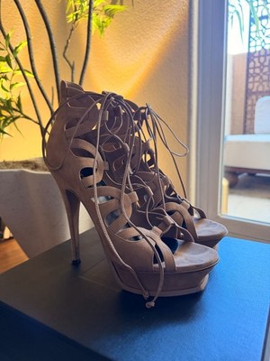 Saint Laurent Paris Suede Lace-Up Platform Heels Nude Beige Size 40 w/ Box