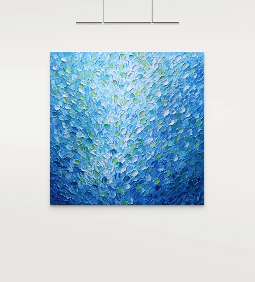 Pintura Original del Océano 30x30 - Gotas de Agua Corriendo Paisaje Marino Texturizado Foto 3 de 4