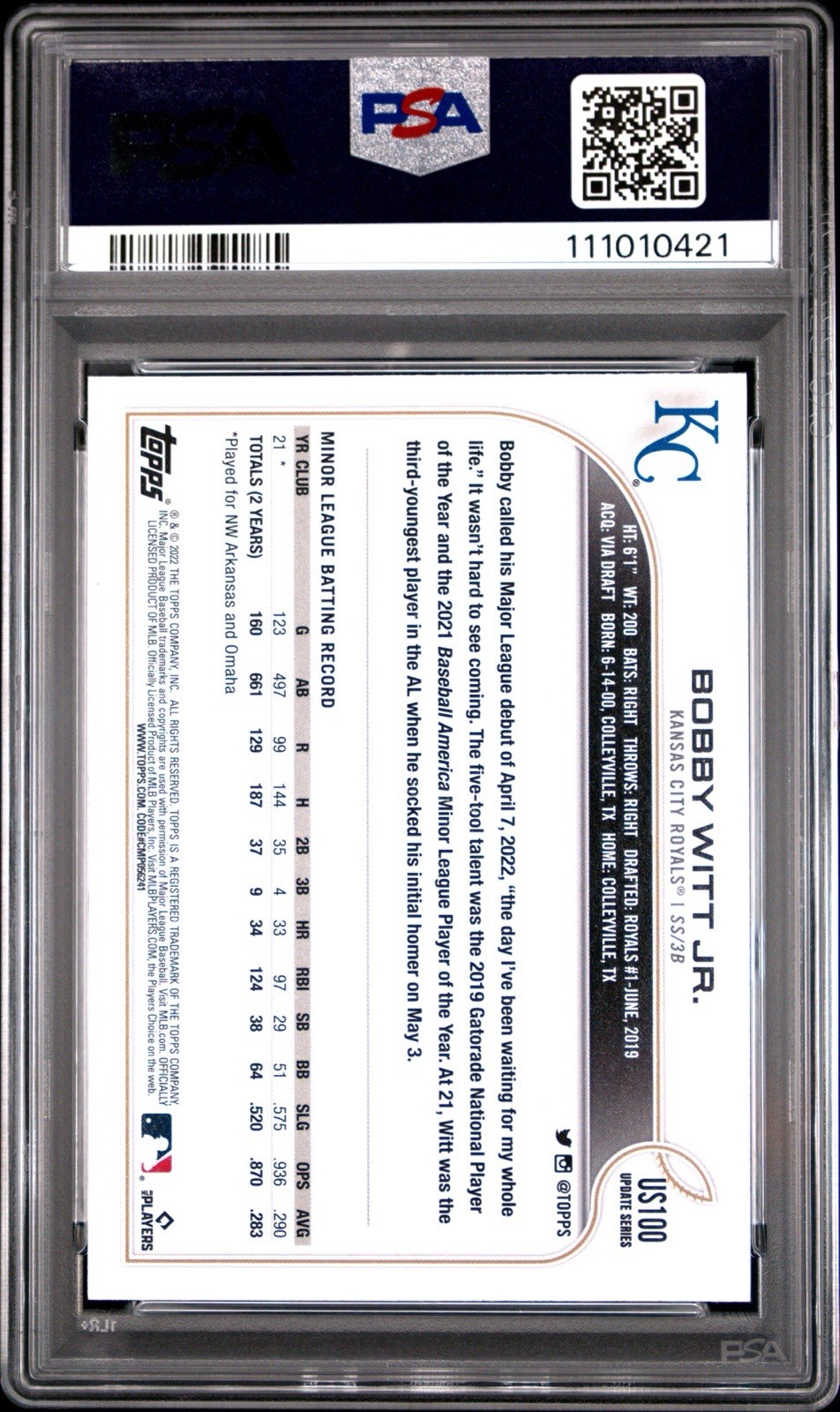 2022 Topps Update #US100 Bobby Witt Jr. (RC) PSA 10 Gem Mint view 2