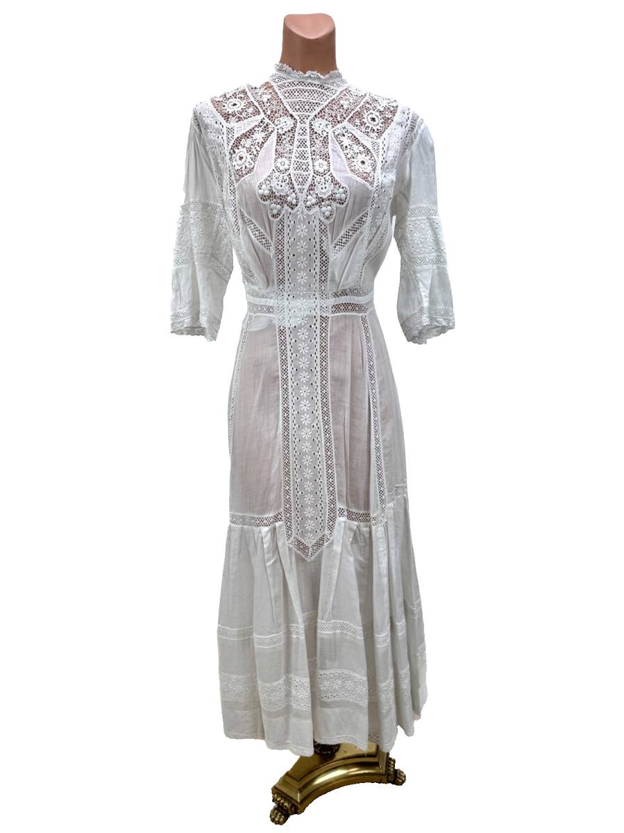 Antique Victorian Edwardian White lace Embroidered Cotton Tea