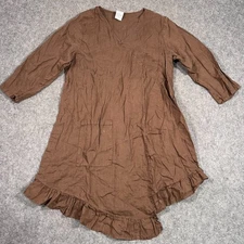 Match Point Brown Linen 3/4 Sleeve Ruffle Faux Wrap Mini Dress Womens Size Large