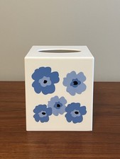 Vintage Marimekko Style Plastic Tissue Box Cover White with Blue Flowers