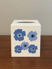 Vintage Marimekko Style Plastic Tissue Box Cover White with Blue Flowers
