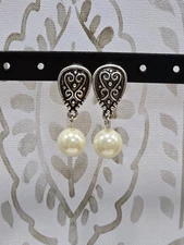 Premier Designs Shirley Faux Pearl Silver Clip-Po Dangle Earrings Formal Wedding