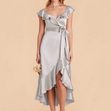 Show Me Your MuMu Samantha Ruffle Faux Wrap Dress in Ice Gray Satin XL - NWT