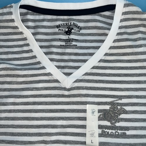 Beverly Hills Polo Club Large T-shirt Gray/white Stripe Short Sleeve V-neck. - Picture 6 of 7
