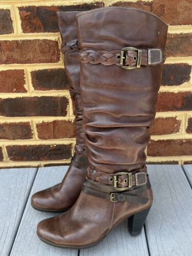 PIKOLINOS Verona Tall Boots Brown Leather Slouch Braided Buckle Strap Womens 38