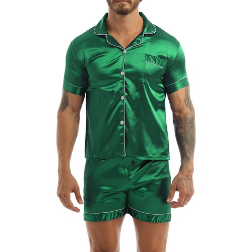 Mens Silk Satin Pajamas Set Short Sleeve Shirts Top Pants Sleepwear Underwear - Picture 10 of 66