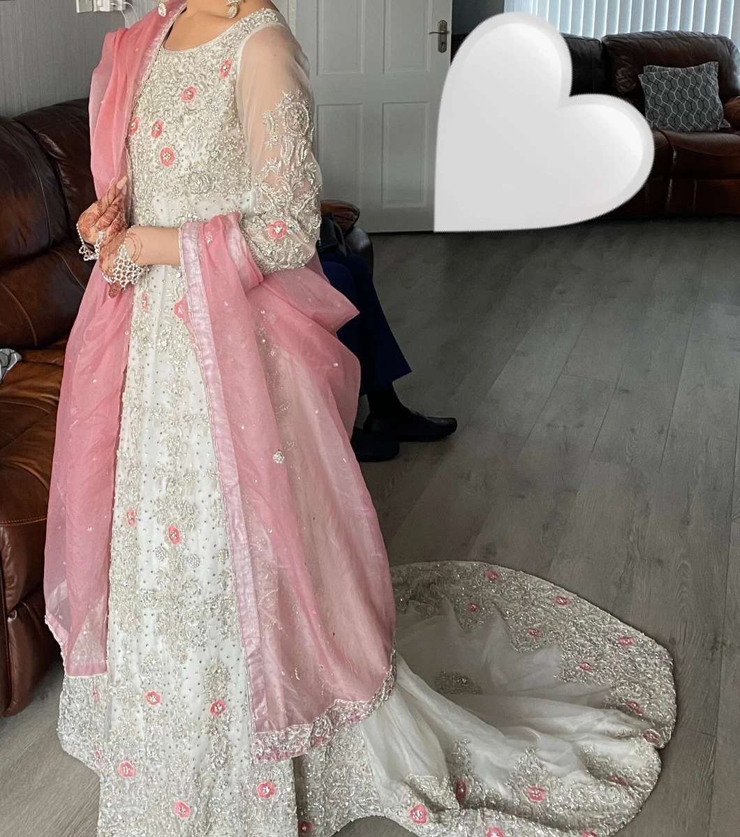 White Pakistani Bridal Dress in Lehenga Gown #BS620