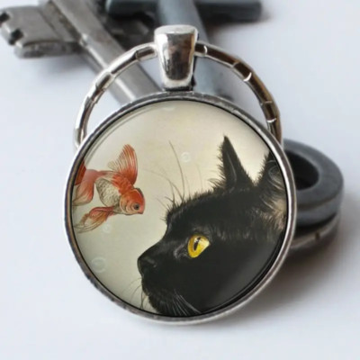 Red Koi Black Cat Key Chain Key Ring - New