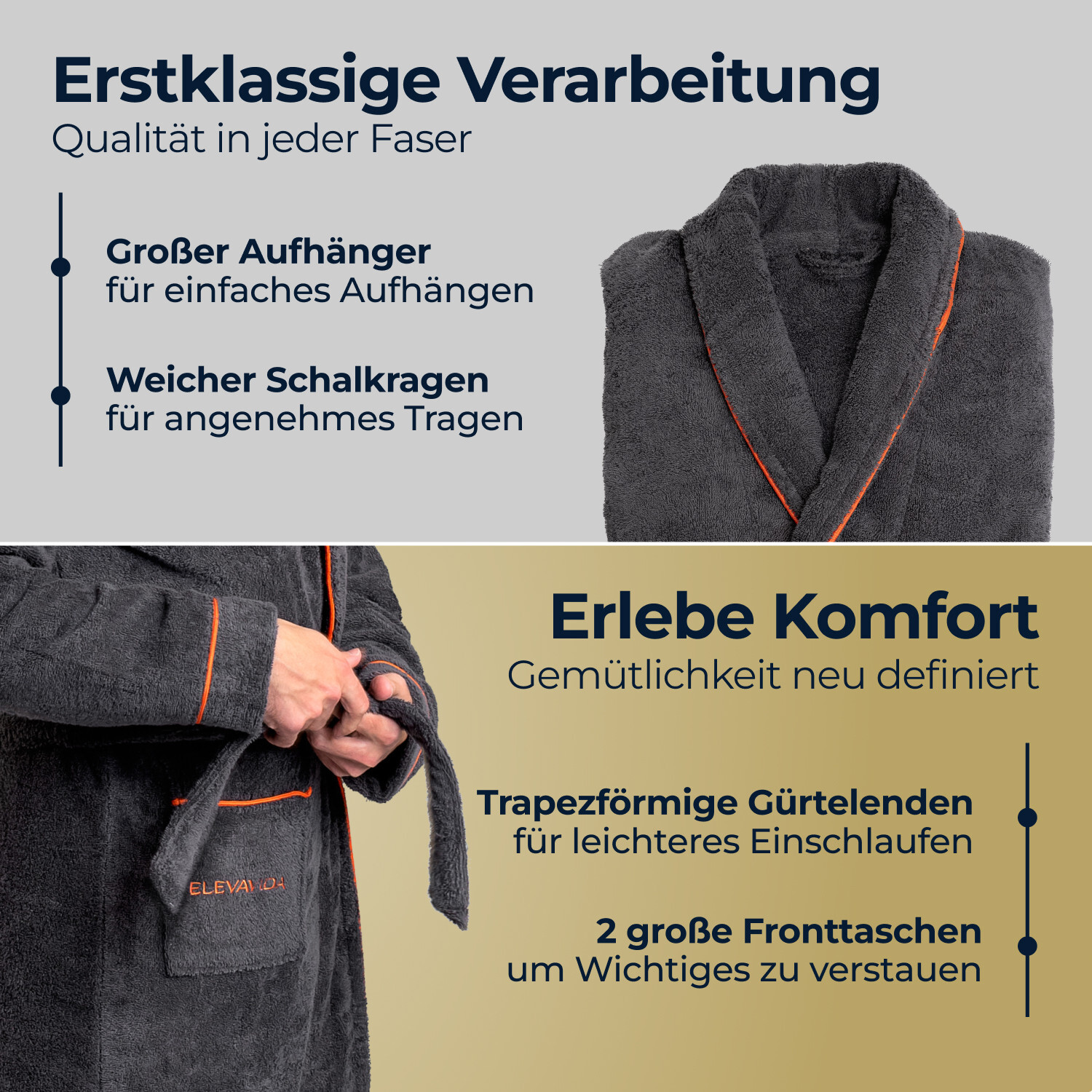 ELEVAVIDA® Herren Schalkragen Bademantel Baumwolle grau / anthrazit extra weich 3