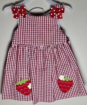 red and green gingham dress Counting Daisies Girl's Seersucker Ruffled Collar Sleeveless (Red/Strawberries, 18M) Gulf Fashion