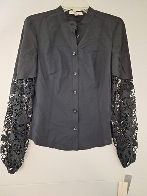 E3 by Etcetera Women's sz 4 Black Long Open Floral Sleeve Button Front Shirt NWT