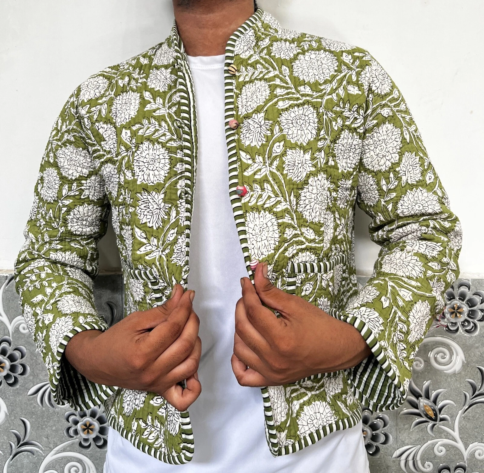 New Indian Green Floral Cotton Quilted Unisex Jacket Women's Clothing Jacket US