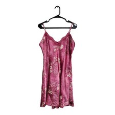 Delicates Womens Purple Floral Satin Chemise Nightgown Adj Straps Lace Trim L