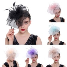 Women Fascinator Headband Hat Mesh Feather Wedding Tea Party Hat Hair Clip Decor