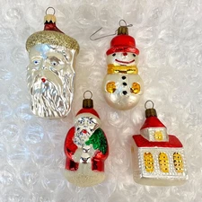 Vtg 4 West Germany Blown Glass Figural Ornaments Santa Snowman Church Santa Head