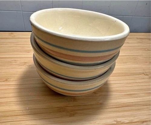 Vintage McCoy Soup Bowls 7016 Cream Pink and Blue Stripes Set Of 3 Chunky Chubby