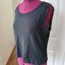 Vintage Black Lace Tank Top L / XL nylon mesh floral sheer made in USA