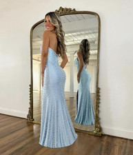 Women s LightBlue Sequin V-Neck Backless Stra...