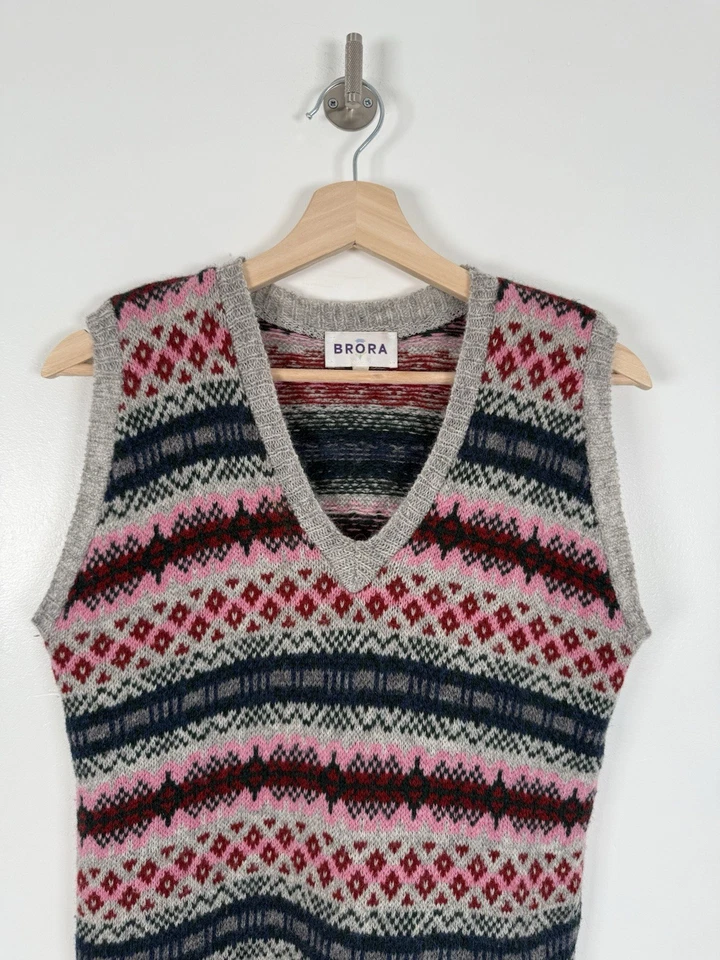 Brora Knitted Vest Size Uk 12 Wool Red Fair Isle Nordic Tank Sleeveless Sweater - Image 2 of 4