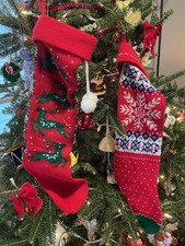 2 Vintage Red Christmas Stocking Handmade/Snowflake Reindeer/ Pom Pom