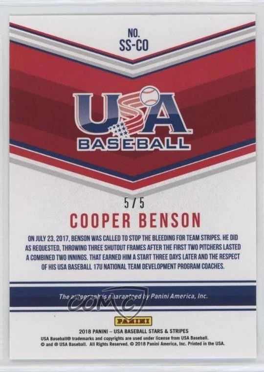 2018 Panini USA Baseball Stars & Stripes Green Ink /5 Cooper Benson #SS-CO Auto - Image 2 of 2