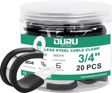 20pcs 3/4in Stainless Steel Cable Clamps Rubber Insulated Wire Pipe Holder Black