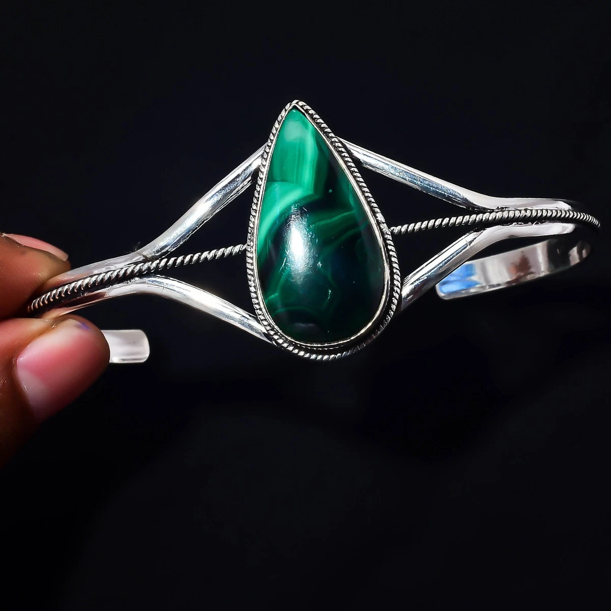 Malachite Gemstone 925 Sterling Silver Handmade Bangle Jewelry Gift For Love