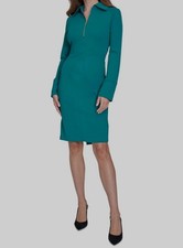 Halston Women's Green Collared Zip-Neck Long Sleeve Sheath Dress Sz 16