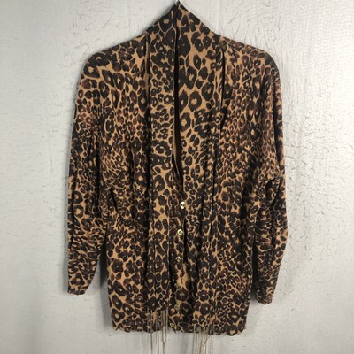 Kathy Van Zeeland Cardigan Womens 1X Plus Size Cheetah Print Scarf Fringe