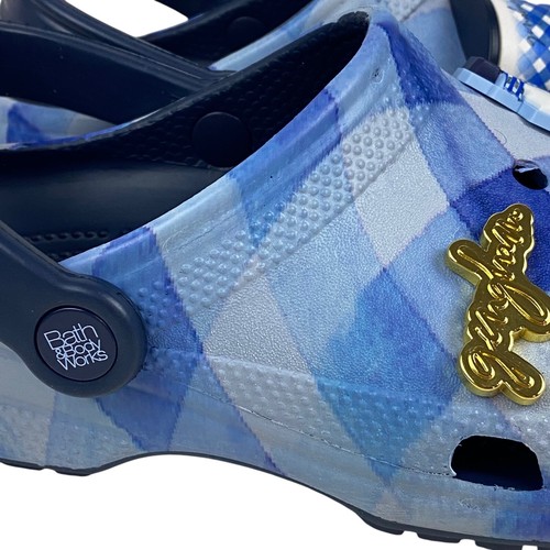 Bath and Body Works Women's 7 Men's 5 Gingham Crocs Blue with Gingham Jibbitz - Picture 5 of 15
