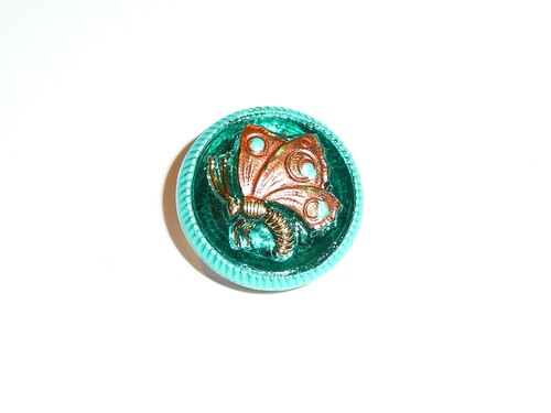 Cute Sea Green w/ Copper & Gold Butterfly Czech Glass Button 18mm Hand Painted - Picture 6 of 7