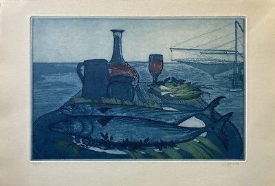 Margrit Ewert (1951) Aquatintaradierung Gedeckter Tisch am Meer Kiel Maritim - Bild 1 von 4